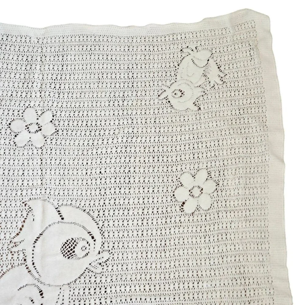 Vintage White Knit Baby Blanket Bird Flowers Open Knit‎ Yellow Bird 32 X 35
